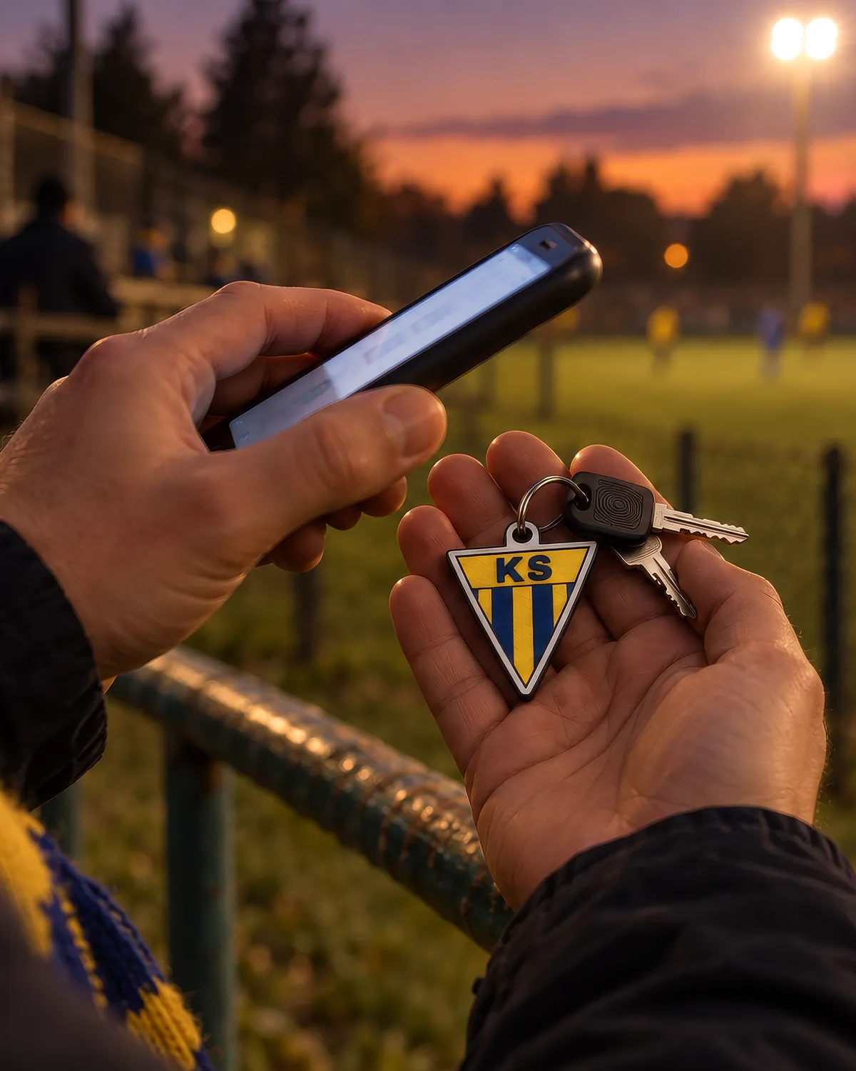 Kibic przykłada telefon do breloka z herbem trzymanego w dłoni